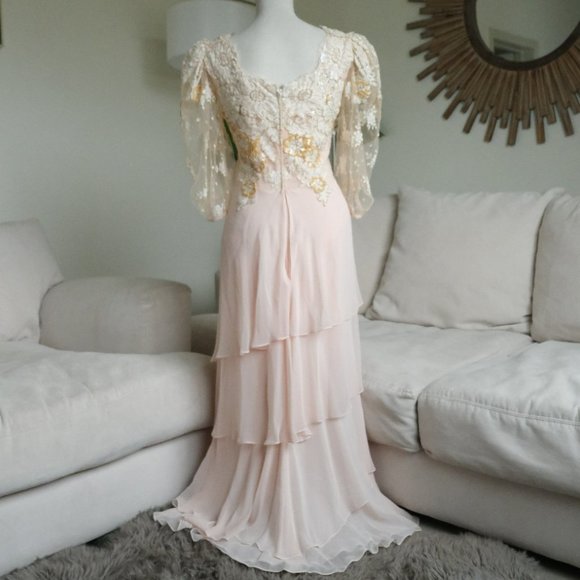 Vtg Judy Hornby Silk and Lace Applique Tiered Maxi Gown - Picture 6 of 12